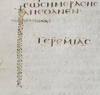 Coronis at the end of Jeremiah (Quire 49, folio 7 verso)