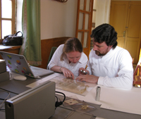Amy Myshrall and Timothy Brown doing transcription work at St Catherine's Monastery, Sinai.